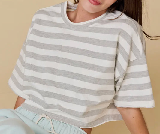 Grey/White Stripe Crop Tee