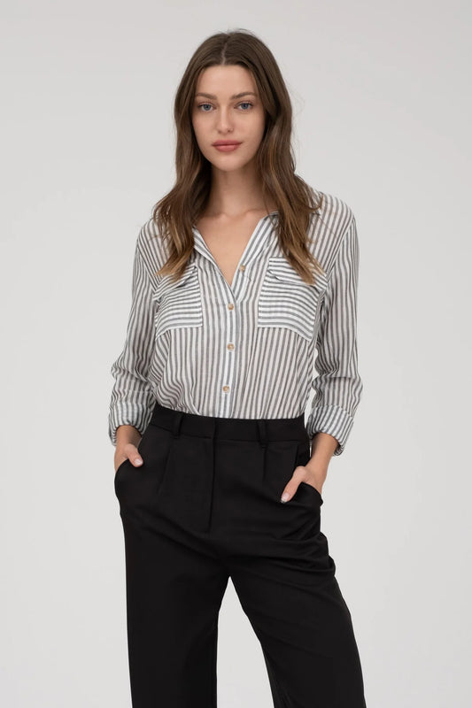 BP Stripe Button Down Pocket Top