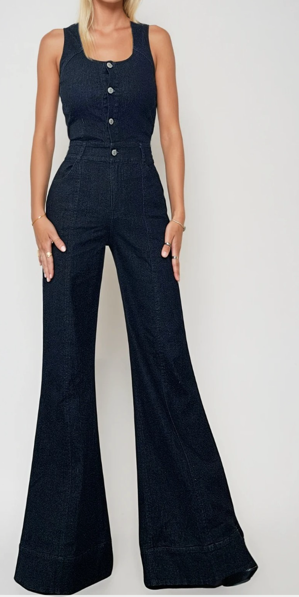 Black denim wide leg button up Jumpsuit