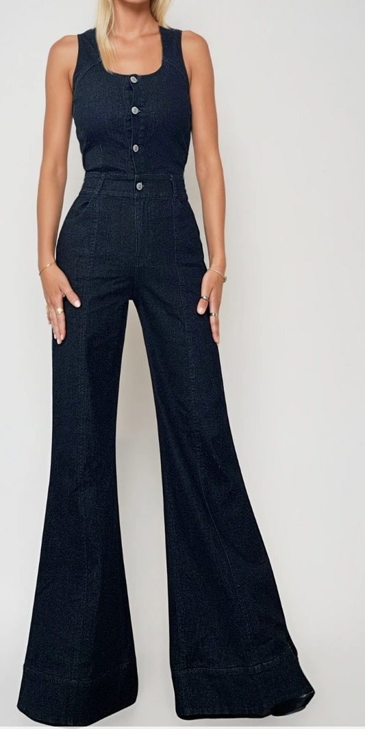 Black denim wide leg button up Jumpsuit